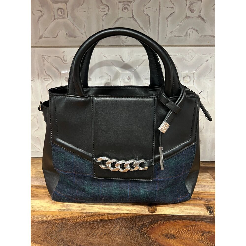 Christian Lacroix Black Faux Leather Plaid Tote Purse Double Zip Chain Detail